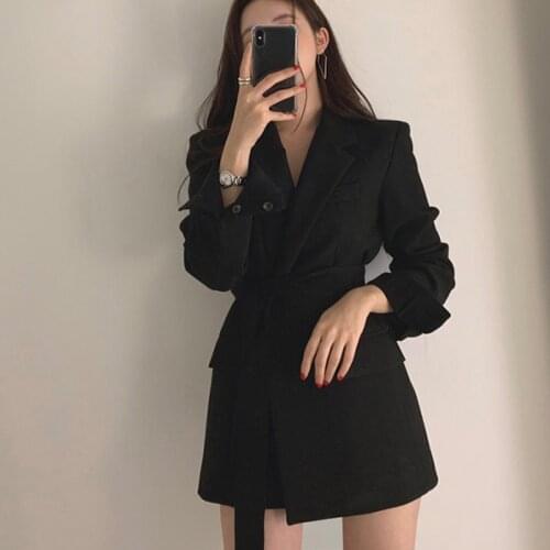 2021 Women British Style Elegant Black Beige Blazer Coat Long Outwear Jacket Sashes Fall OL Korean New Fashion Solid Blazers