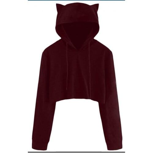 Long Sleeve Hooded Sweater New Arrival Solid Color Hooded Sweater Women Autumn Spring Cute Cat Ears Slim Short New