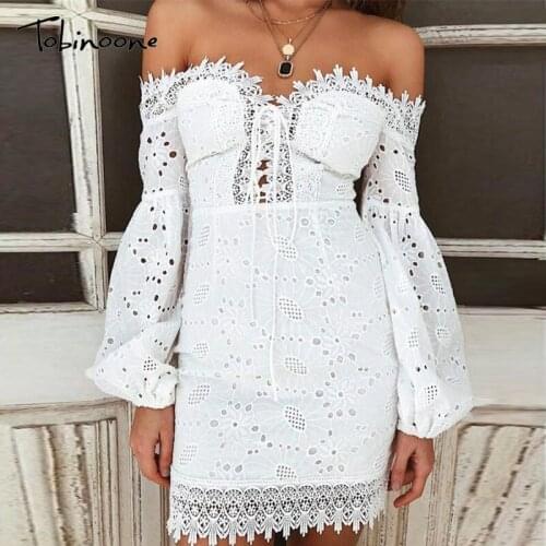 Tobinoone Sexy White Lace Stitching Hollow Out Party Dresses Elegant Women Short Mini Summer Casual Dresses Clothes For Women