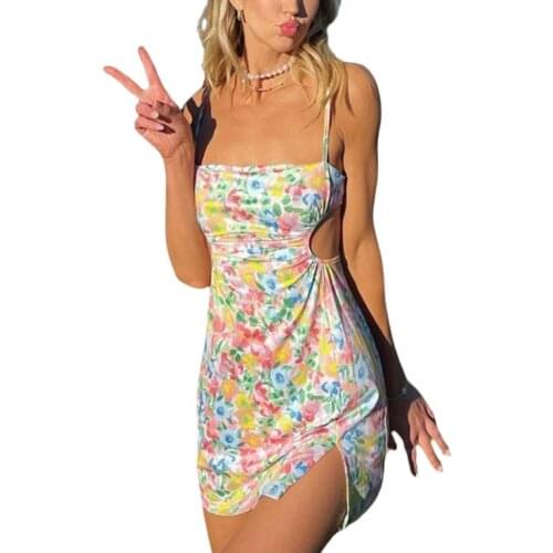 Women Close-fitting Slit Dress, Floral Printed Pattern Boat Neck Sleeveless S/ M/ L