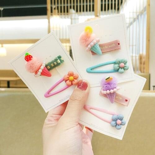 2 Pcs/Set Girls Cute Fresh Fruit Ice Cream Pearl Flower Ornament Hair Clips Children Lovely Hairpins Kids Sweet Hair Accessories