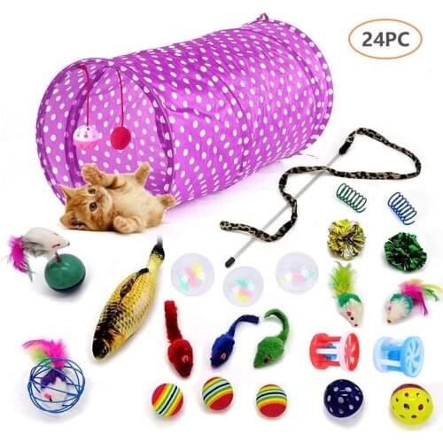 24 Pcs Cat Toy Kit Collapsible Tunnel Indoor Kitten Interactive Teaser Wand Mice Ball Pet Fun Channel Catnip Fish Cat Supplies