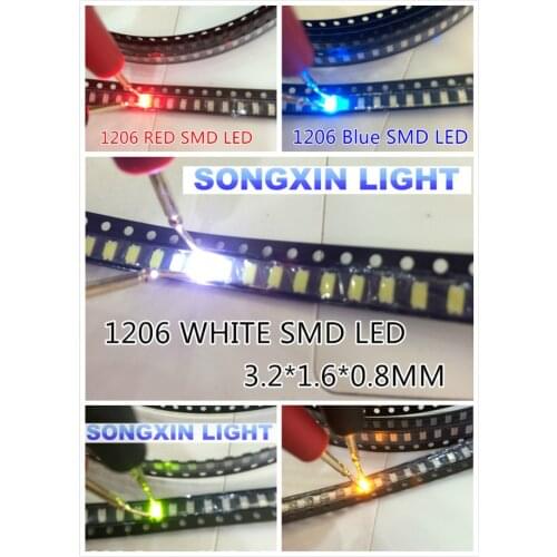 500 pieces/lot) 1206 SMD White Red Blue Green Yellow 100pcs each Super Bright 1206 SMD LED Diodes Package Kit 3.2*1.6*0.8MM