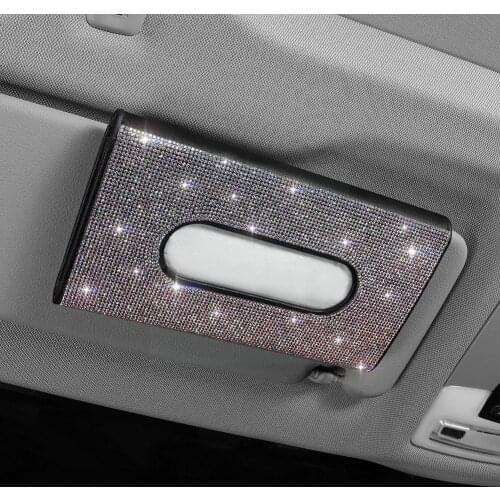 Car Sun Visor Sandwich Tissue Box Leather Seat Back Diamond-studded Rhinestone Female Drawer Creative Car Fashion Holder Ti F9D4