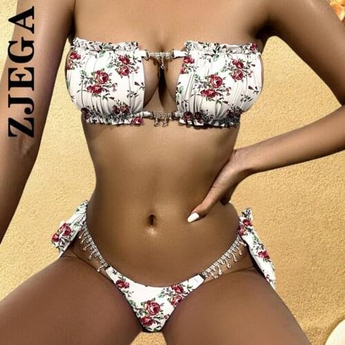 Bandeau Bikini Solid Bikini Set Brazilian Swimsuit Vintage Swimwear Women Beach Bathing Suit Tie Side Thong Padded Swimming Suit