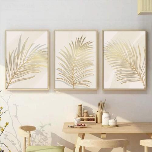 Boho Yellow Vane Art Wall Canvas Paintings Nordic Gold Light and Shadow Fine Leaf Picture for Living Room Home Interior Decor
