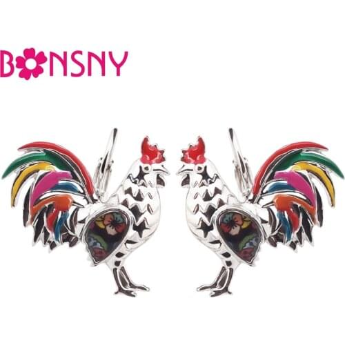 Bonsny Enamel Metal Floral Chicken Rooster Earrings Stud French Clip Alloy Farm Animal Jewelry For Girls Women Teens Decoration