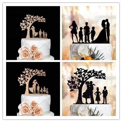 Wood family style wedding cake topper brider and groom with 3 or 4 kids cake topper birthday toppers for wedding anniversary