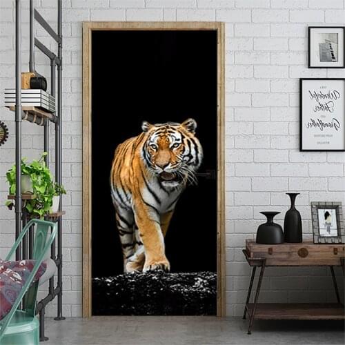 Door Stickers 3D Big Tiger PVC Self Adhesive Waterproof Wall Sticker Kitchen Furniture Home Decor Wrap Sticker DIY Wallpaper