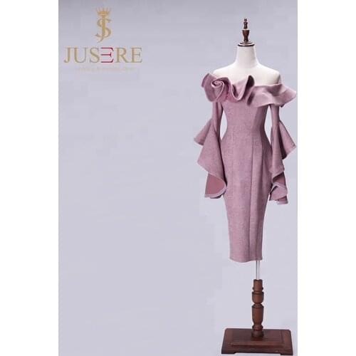 2020 Jusere Tea-Length Classic Mermaid boat neck Short Evening Dresses with sleevesProm Party Gown