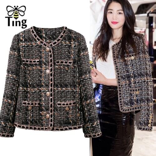 Tingfly Spring Autumn Designer Classic Tweed Short Jackets Coat Women Single Breasted Button Casual Outerwear Coats Lady Girl
