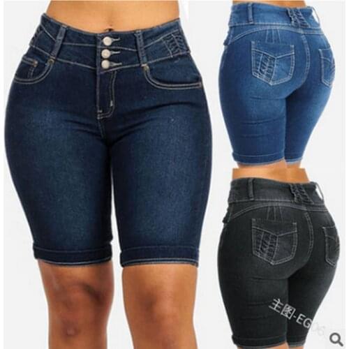 Summer fashion versatile womens flannel shorts European and American slim body pocket with skinny bag and hip solid jeans