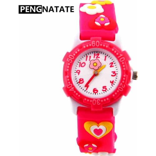 PENGNATATE Fashion Watch Girls Lovely Heart Strap Children Cartoon Watches 3D Bracelet Silicone Wristwatches Kids Gifts Clocks