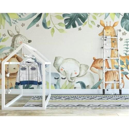 Beibehang Custom wallpaper modern cartoon Animal elephant lion giraffe watercolor plant Childrens room background 3d wallpaper