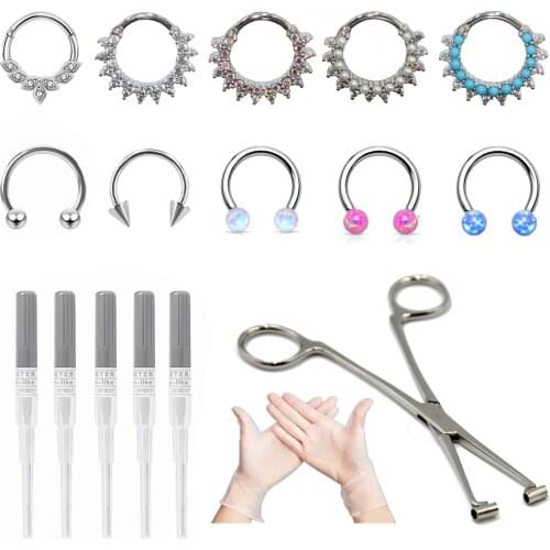 Steel Seprum clicker Piercing Clamps Horseshoe Barbell Piercing Needle Nose Ring Piercing Tool Kit Crystal Daith earrings16g