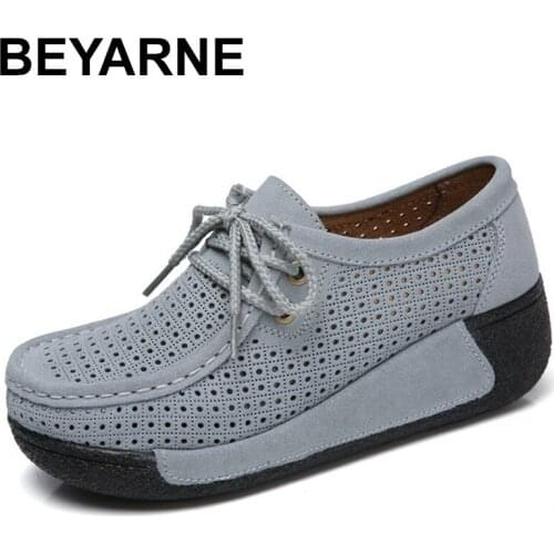 BEYARNE 2018 Women Flats Platform Shoes Suede Leather Lace up women Moccasins Creepers slipony Female Casual Summer Shoes Ladies