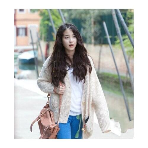 Kpop IU Lee Ji Eun Streetwear Fashion Knitted Cardigan Sweaters women winter new Casual V-Neck Long Sleeved Sweater lady tops