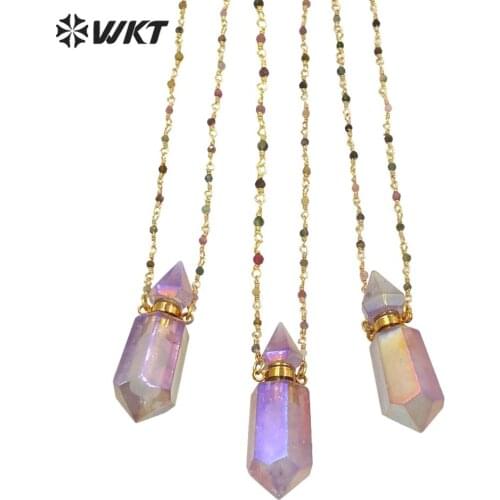 WT-N1234 Luxury stone necklace shinny purple a methyst aura perfume bottle necklace with 18 inch rosary chain