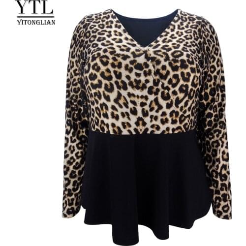 YTL Large Size Womens Fashion Leopard Print Patchwork Tunic Top V Neck Plus Size Tops Long Sleeve Shirt H129
