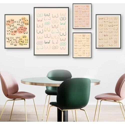 Funny Bathroom Feminist All Boobs Line Drawing Wall Art for Living Room Canvas Painting Girl Power Posters and Prints Pictures