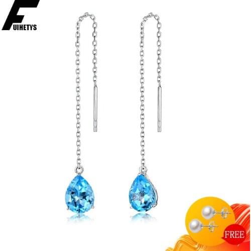 Trendy Earrings 925 Silver Jewelry with Sapphire Gemstone Long Style Drop Earring for Women Wedding Engagement Party Accessories