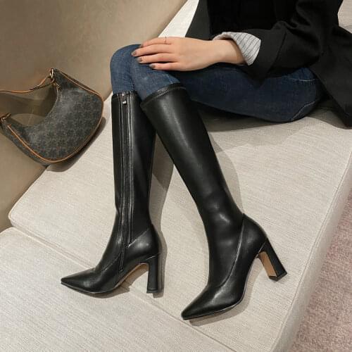 2021 Pointed Toe Womens Office Boots 2021 Fall Winter Knee High Heels Wide Leg Side Zipper Newest Slim Long Shoes Woman