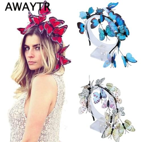 AWAYTR New Bride Butterfly Wedding Hair Accessories Women Headband Luxury Hairband For Girls Butterfly Flower Photo Headwear