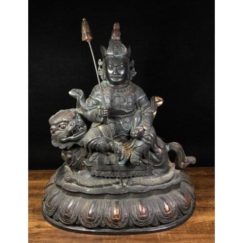 19" Tibet Buddhism Temple Old Bronze Cinnabars Treasure King Buddha Statue Hear more God of Law Protector Enshrine the Buddha