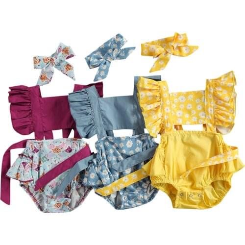 2 Pcs Newborn Casual Outfits, Baby Girl Daisy Print Fly Sleeve Square Collar Tie Up Ruffle Romper + Headband New Style 2021