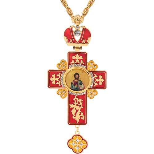 2021 Fashion New Classic Cross Men Necklace Gold Plated Handcrafted Epoxy Jesus Icon Greek Orthodox Pectoral Long Chain Necklace