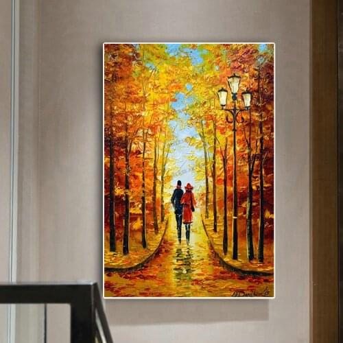 Abstract Autumn Landscape Lover Walking In Street Canvas Paintings Wall Posters and Prints Wall art Pictures for Living Room