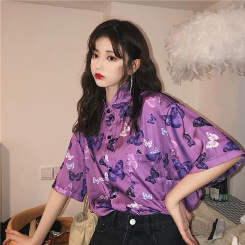 Deeptown Vintage Blouse for Women Harajuku Steampunk Shirt Short Sleeve Purple Tops Summer Ladies Print Button Up Shirts Women