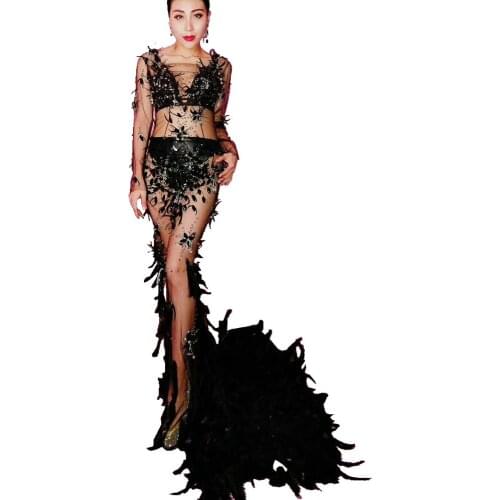 Black Mesh Rhinestone Feather Tail Dress Womens Evening Party Perspective Luxurious Dress Prom Birthday Celebrate Dress