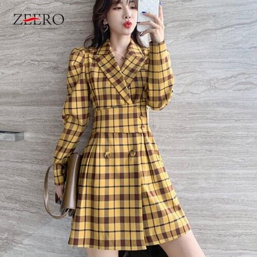 Spring Autumn Female Classic Plaid Casual Vintage Jacke Dress Women Lapel Long Sleeve Belt Slim Blazer Mini A-line Dresses 2020