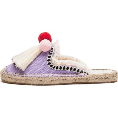 Slippers women wear 2021 new fringed slippers casual lazy pompoms linen flat shoes