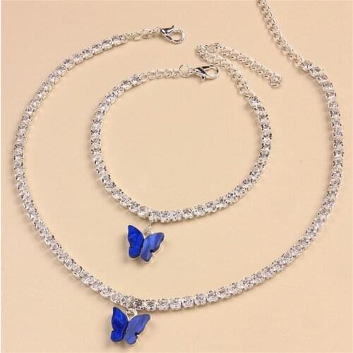 Fashion Small Fresh Butterfly Pendant Bracelet Necklace Set Sexy Lady All-match Rhinestone Clavicle Chain Accessories Small Gift