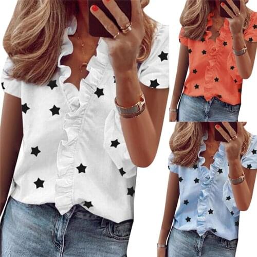 2020 Summer Women Leisure Blouse Office OL Streetwear Female Holiday Girls Shirts Star Print Short Sleeve Big Size Blouse 3XL