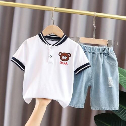LISUNNY 2021 Summer Boys Clothing Sets Children Outfit Short Sleeve Cartoon Bear T Shirt Denim Shorts Kids Vacation Clothes