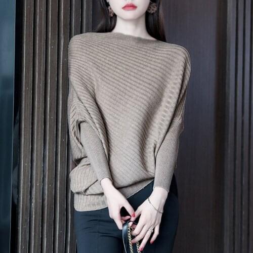 2021 New Slash Neck Fashion Spring Autumn Women Clothing Bat Shirt Knitting Korean Style Long Sleeve Top External Wear Sweater
