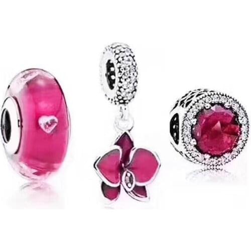 NEW 100% 925 Sterling Silver Dahlia Charm Red Radiant Heart Valentines Day Glass Bead Set Charming and Elegant Gift Surprise