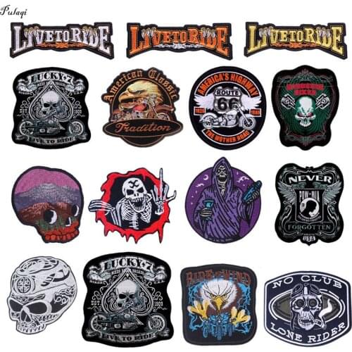 Pulaqi Fine Motorcycle Embroidered Patch Iron On Patches Punk Skull Badges Stripes Biker Patches For Clothing Fabric Accessories
