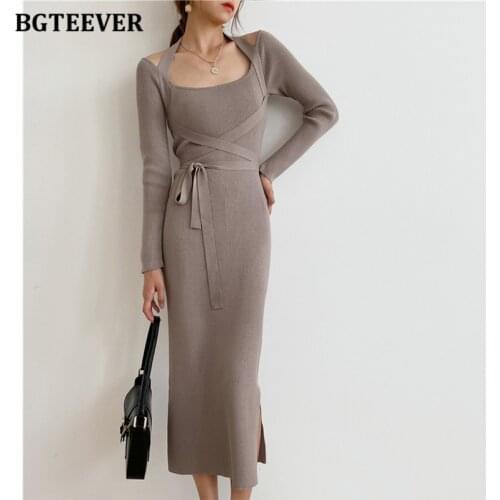 BGTEEVER Fashion Lace-up Package Hip Knitted Dress Women 2021 New Autumn Full Sleeve Bodycon Female Sweater Dress Vestidos