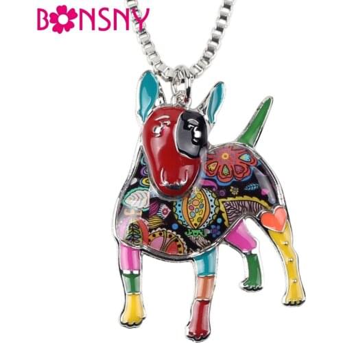 Bonsny Enamel Bull Terrier Dog Necklace Pendant Chain Collar Choker Unique Animal Jewelry For Women Girls Pet Lovers Gift Bijoux