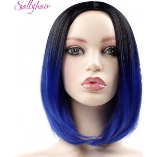 Sallyhair Middle Part 12inch Japanese High Temperature Fiber Synthetic Short Ombre Black Blue Color Bob Wig For Women
