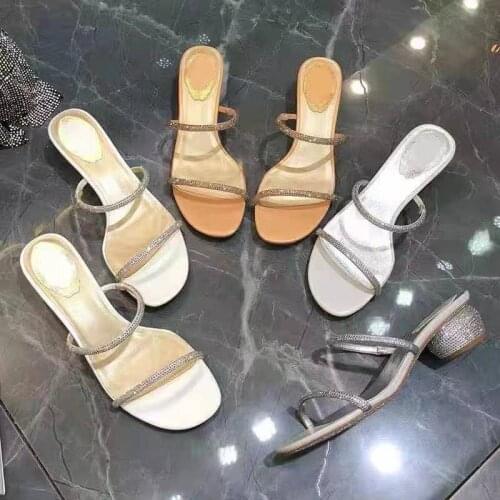 2021 Summer New Diamond Square Heel Ankle-Strap Buckle Sandals Slippers for Women