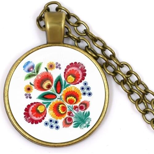 Ethnic Polish Folk Art Pattern 25mm Glass Dome Chain Necklace Bohemia Flower Print Jewelry Bronze Pendant For Women Gift