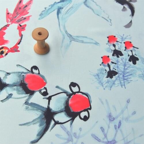 High quality sky blue chiffon fabric Water ink goldfish underwater world tissu Robes, skirts and curtains patchwork