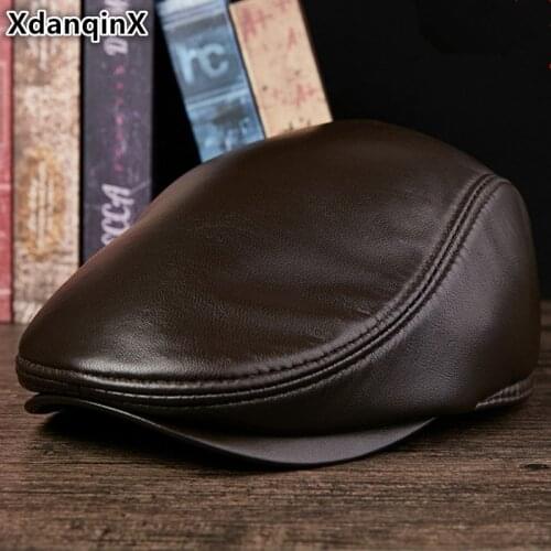 XdanqinX Unisex Genuine Leather Hat Sheepskin Warm Beret Autumn Winter Flat Caps For Men And Women Simple Brands Leather Cap