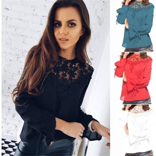 Women Blouse Tunic Long Sleeve Lace Patchwork Chiffon Blouse Office Ladies Solid Top Hollow Party Tops Blusas Dropshipping 2020