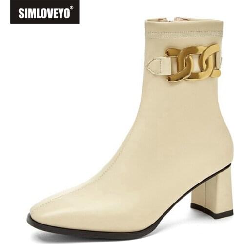 SIMLOVEYO Winter Autumn 2021 Square Toe Boots PU Leather Metal Chain Sock Boot Women Fashion Stretchy Big Size 42 43 44 45